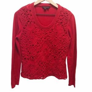 Simon Chang red floral crocheted Long sleeve pullover sweater Small